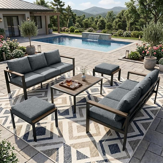 Patio Furniture Set 8 Seats and Coffee Table, Patio Conversation Set with Washable Thick Cushions, Deluxe Aluminum Modern Outside Sectional for Porch, Balcony, Deck, Yard, Light Gray