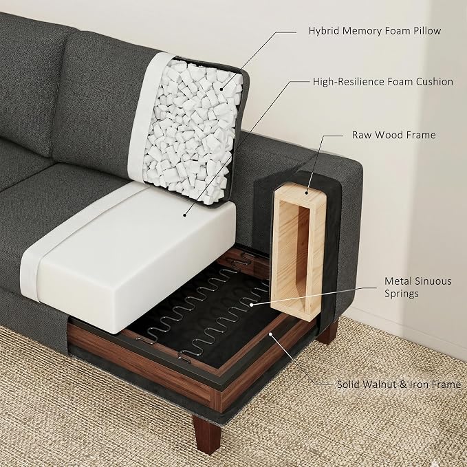 Gericco Mid Century Modern Couches for Living Room, 89" Comfy Couch Sofa with 3-Seater Deep Seats, Upholstered Sofas for Living Room, Office Apartment, Bedroom, Dark Grey