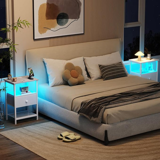 LOAKEKEL LED Night Stand with Charging Station, Small Bedside Table with USB Ports & Outlets, Fabric Storage Drawer with PU Finish for Bedroom, White, HETS01WT-1