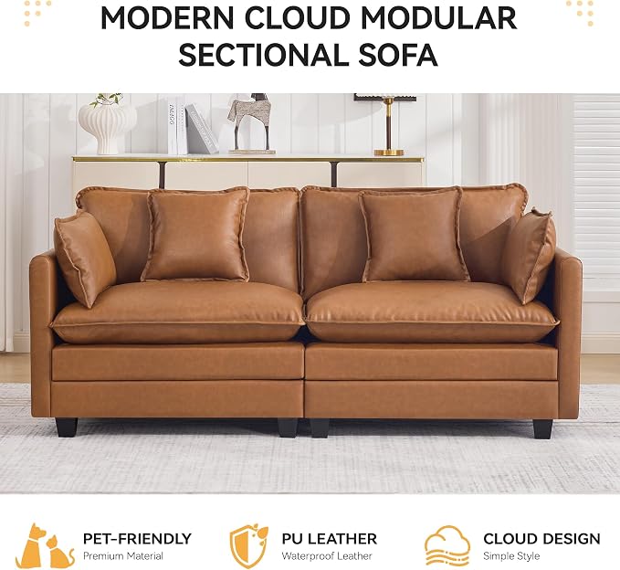 76'' Cloud Deep Seat Loveseat, Upholstered Leather Modular 2-Seats Sectional Sofa Couch, Modern Comfy Settee Loveseat for Living Room Set, Small Apartment, Leather Light Brown