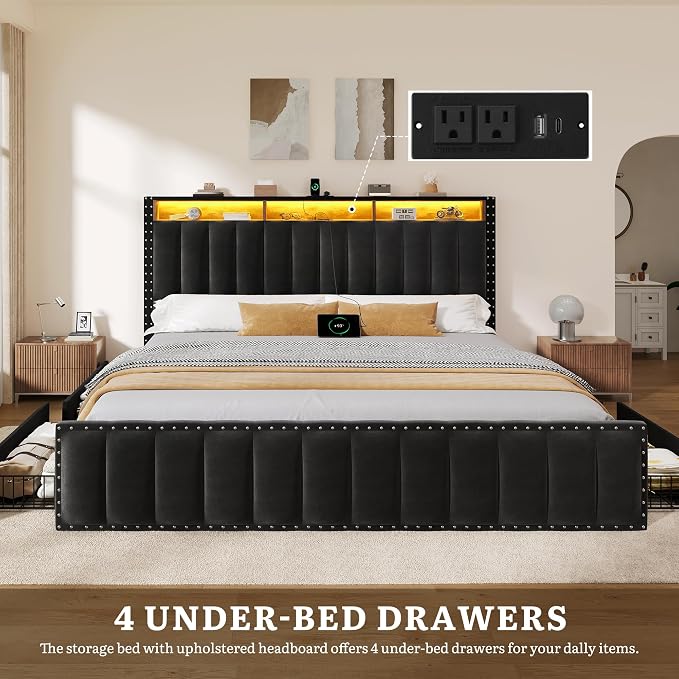 YITAHOME King Size Bed Frame with 4 Storage Drawers and RGB LED Lights, Velvet Upholstered Platform Bed with Charging Station and Bookcase Storage Headboard, No Box Spring Needed, Easy Assembly, Black