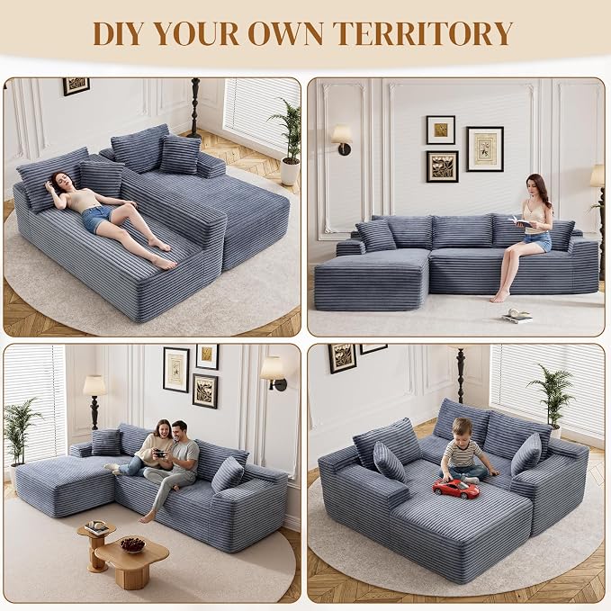 95" L Shaped Boneless Sectional Couches, Wide Armrest, Deep Seat, Memory Foam, Assembly Free, Modern Comfy Corduroy Fluffy Cloud Sofa with Left Chaise for Living Room, Small Spaces, Grey