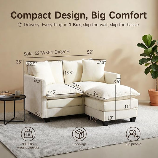 52" Loveseat Sofa, L-Shaped Cloud Couch with Ottoman, Comfy Chenille Love Seat with 2 Pillows, Small Loveseat for Small Spaces, Living Room, Bedroom,Apartment and Office, Beige