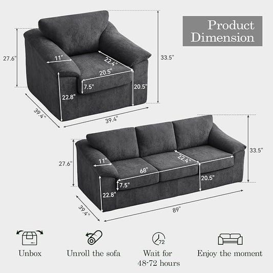 Boneless Couch Sets, Modern 3 Seater Sofa with Accent Chair, Floor Cloud Couch Sets with Extra Comfy Soft Deep Seats for Living Room, Apartment, No Assemby, Set of 2, Dark Gray