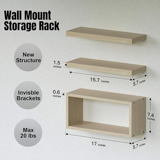 RICHER HOUSE Floating Shelves Set of 3, Modern Bathroom Shelves Wall Mounted with Invisible Brackets Over Toilet, Rustic Wall Shelves for Bathroom Bedroom, Living Room, Kitchen - Light Brown