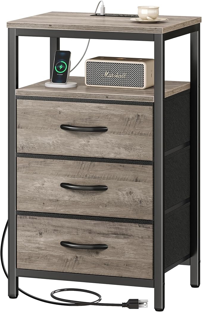 Huuger Nightstand with Charging Station, 27.6 Inch End Table Bedside Table with USB Ports and Outlets, Night Stand for Bedroom, Fabric Drawers, Oak