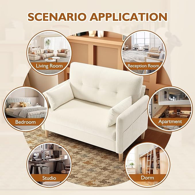 Urhanherry 47" Small Sofa Couch, Soft Chenille loveseat Mini Couch with Throw Pillow and Removable Cushion Cover for Small Spaces, Bedroom, Apartment, Dorm, Office, Living Room(Beige)