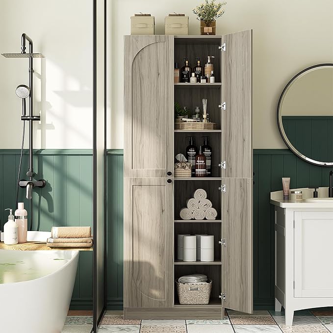 Cyclysio 80" Kitchen Pantry, Extra Tall Arch Storage Cabinet with 8 Soft Close Doors and Adjustable Shelves, Freestanding Wood Cupboard with Seamless Fit Wall for Dining Living Room Bathroom Furniture