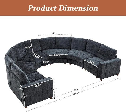 ORRD Oversized Curved Sectional Sofa, Convertible U Shaped Couch with Deep Seat, Boucle Modular Sectional Sofa with Pillows, Chenille Comfy 6 Seat Couch for Living Room, Black Blue