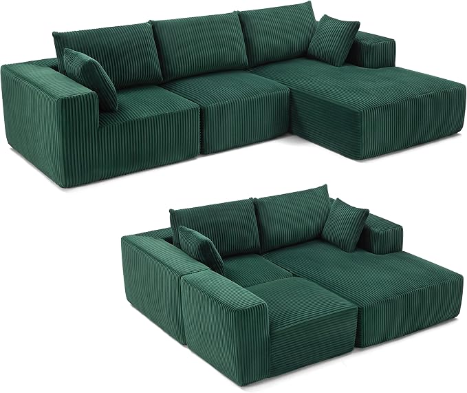 Weture 108” Modular Sectional Sofa, Cloud Sectional Couch with Deep Seat, Modern Modular L-Shape Sofa with Chaise,Upholstered Boneless Couches for Living Room Bedroom (Corduroy, Green)