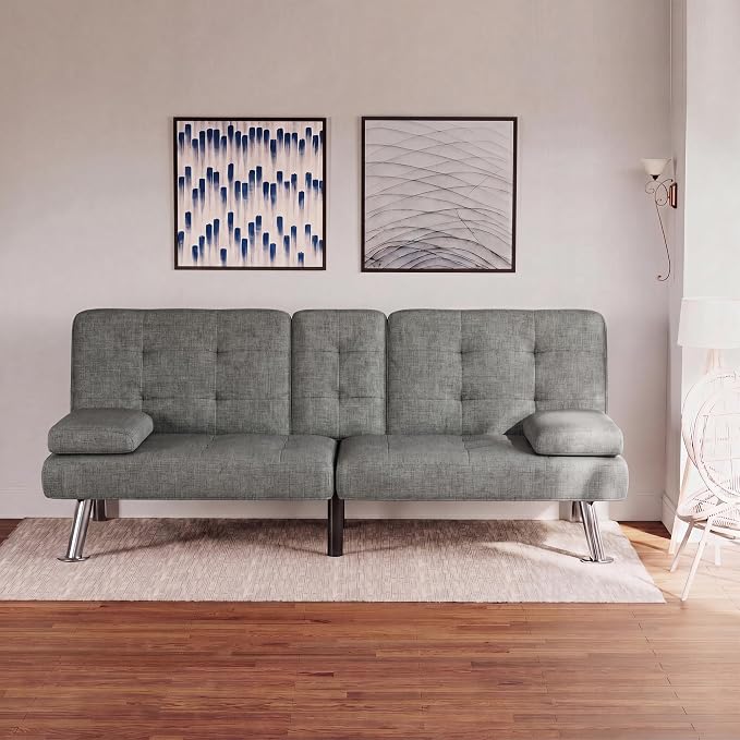 Flamaker Futon Sofa Bed Modern Folding Futon Set Linen Fabric Convertible Recliner Lounge for Living Room with 2 Cup Holders, Removable Armrests (Fabric, Grey)