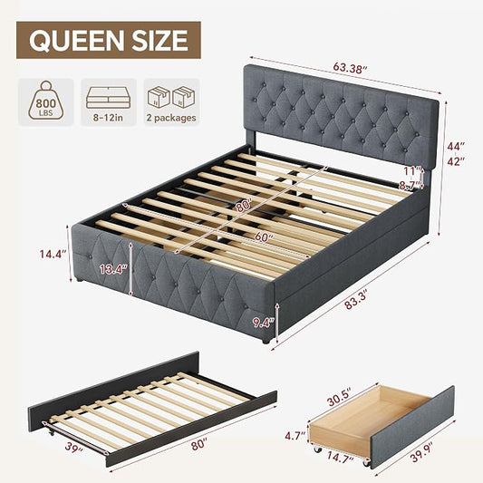 Ball & Cast Queen Bed Frame with Adjustable Headboard,Upholstered Platform Bed Frame Queen Size with 2 Wood Storage Drawers & Pull‑Out Trundle Bed,Wooden Slats Support,No Box Spring Needed,Dark Gray
