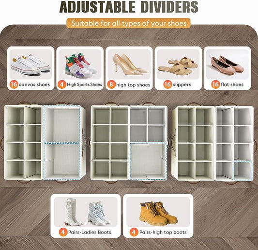 Budding Joy 2 Pack Shoe Organizer for Closet, Clear Foldable Shoe Storage Containers Adjustable Dividers Fits 16 Pairs,Shoe Storage Bins Baskets Boxes with Reinforced Handles Beige Yellow Beige | Farbic shoe storage organizer box bin with clear cover, ...
