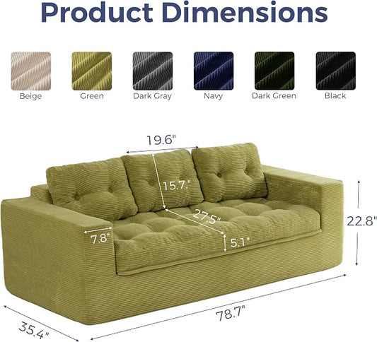 MAXYOYO 79" Loveseat Sofa Couch for Small Spaces, Upholstered Boneless Cloud Couch for Apartment Bedroom, 3-Seater Love Seat Floor Modern Sofa with Pillows, No Assembly Required, Green