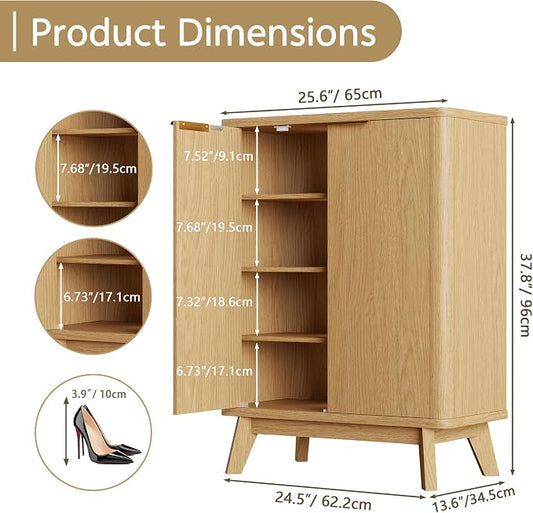 Shoe Cabinet with Doors & Adjustable Shelves, Natural | Modern Wooden Storage Cabinet for Entryway, Mudroom And Apartment, Reducing Clutter And Dust Buildup