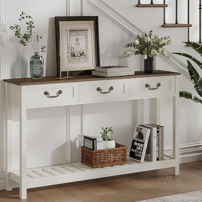 ChooChoo Farmhouse Console Table with 3 Drawers, Rustic Entryway Table, Narrow Long Sofa Table for Living Room, Hallway, Behind Couch, Soft White and Brown