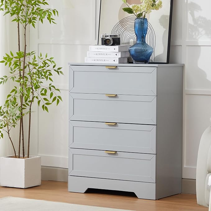 37-inch Tall Chest of Drawers, 4 Drawer Dresser for Bedroom, Grey Wood Dresser with Large Drawers, Modern Storage Cabinet for Closet, Living Room, Entryway, Light Grey
