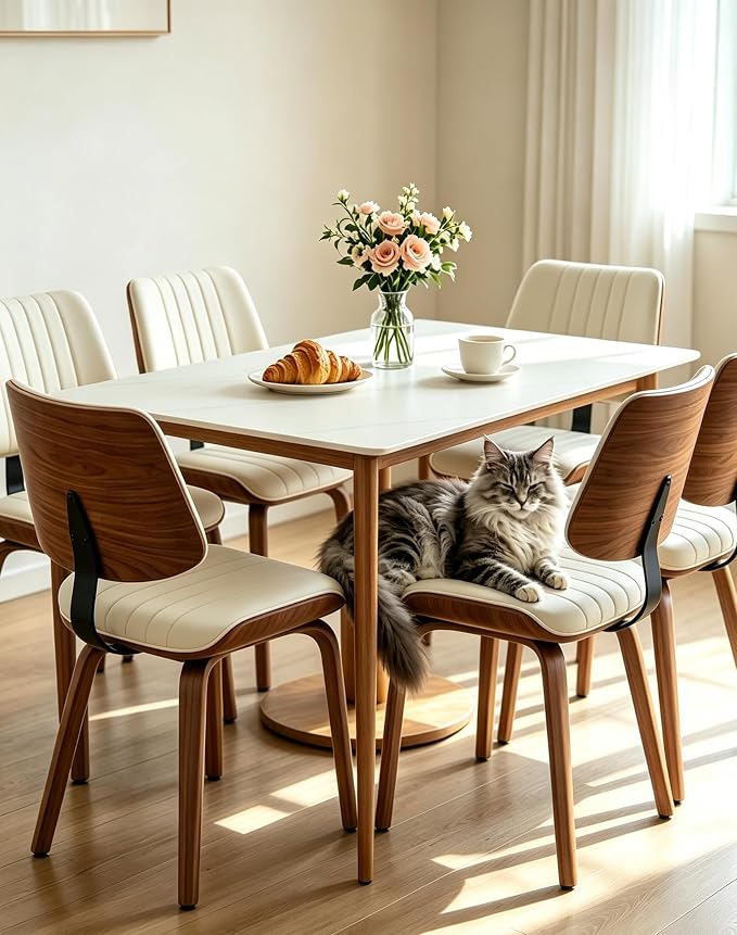Armless Dining Chairs Set of 6, Walnut Beige | Set of 6 armless chairs with walnut bentwood back and warm beige upholstery. Great for family dining rooms