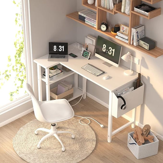 Lufeiya White L Shaped Computer Desk with Power Outlet Shelves, 40 Inch Small Reversible Corner Desk for Small Space Home Office, L-Shaped Desk PC Desks, White