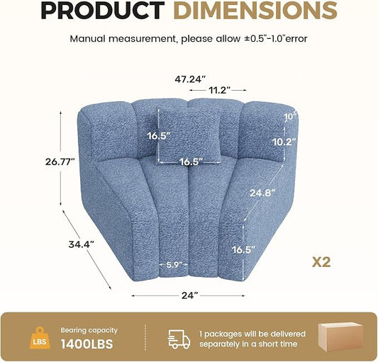Nebuaegis 2PCS 1/8 Round Curved Couch, 2 Seater Modular Velvet Couch, Modern Boneless Sectional Couches for Living Room, No Assembly Required,Light Blue