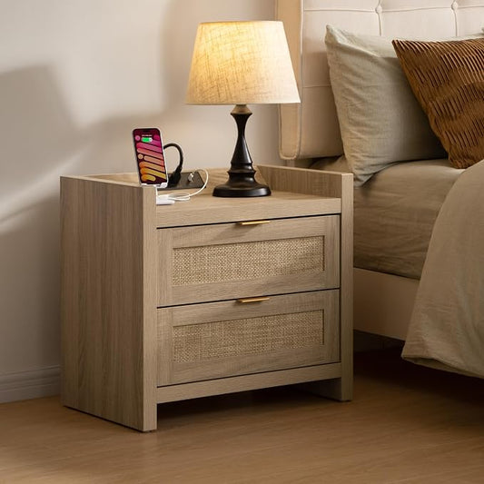 SICOTAS Rattan Nightstands Set of 2 Bedside Table - Bed Night Stand with Type-C Charging Station, 2 Drawers Storage - Boho Night Stands End Table for Bedroom Office - Light Oak