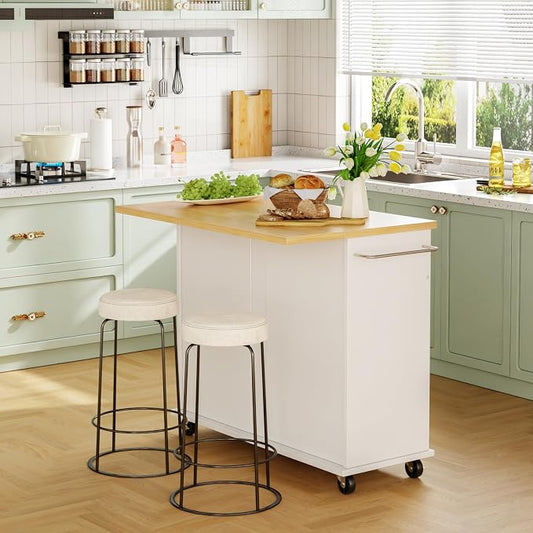 JY QAQA 39" Rolling Kitchen Island Cart on Wheels, Mobile Storage Cabinet with 2 Drawers & Double Door Cabinet, Cart Handle for Towel Rack or Free Mobility, Portable Islands for Kitchen, White