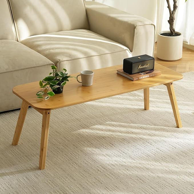 Baveke Folding Coffee Table- Foldable Floor Tables, Mid Century Coffee Table for Living Room, Small Coffee Tables Solid Wood Japanese Low Table for Sitting on Floor, No Assembly, 47.2''-Natural