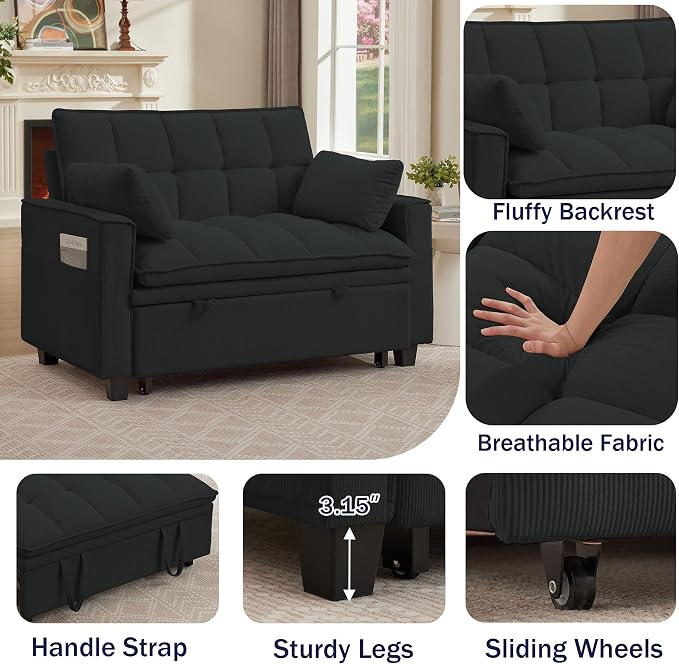 3 in 1 Convertible Sleeper Sofa Bed, 48" Pull Out Couches, Modern Loveseat Sleeper Sofa with Adjustable Reclining Backrest & Side Pockets for Living Room, Black