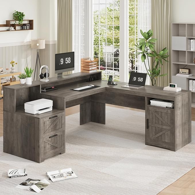 YOMILUVE 63" Farmhouse L Shaped Executive Desk with Drawers & Storage Shelf, Corner Computer Desk with Power Outlets, L Shaped Office Desk with Monitor Stand, Printer Shelf, Gray