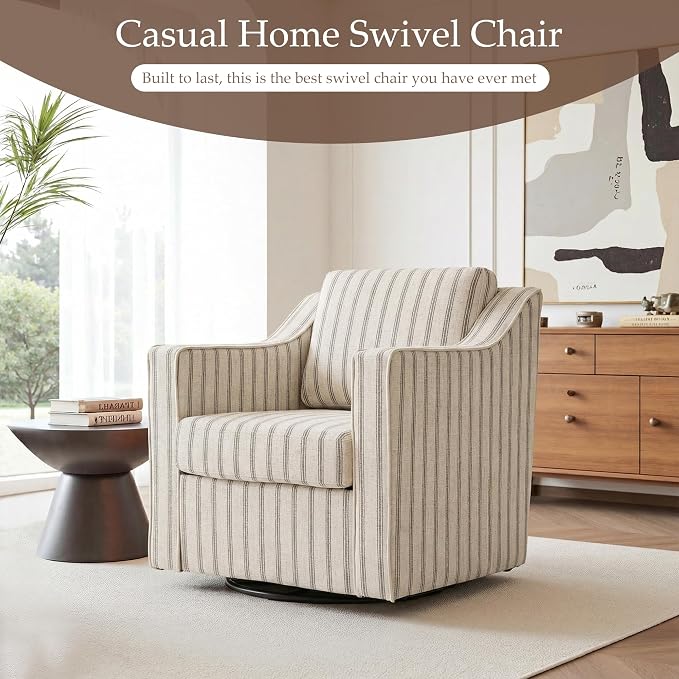 Swivel Accent Chair, 360° Swivel Upholstered Club Armchairs for Living Room, Comfy Fabric Single Sofa Reading Chair with Deep Seat, Metal Swivel Base, Pinstripe Gray