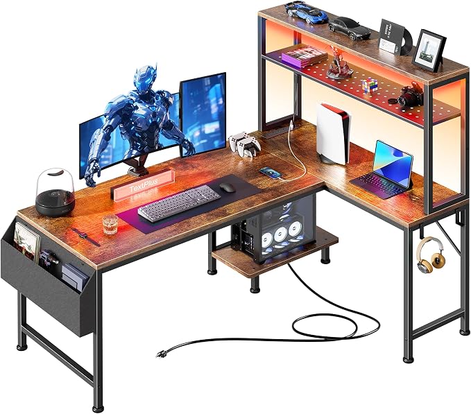 PRAISUN L Shaped Gaming Desk with LED Lights & Power Outlets, Reversible Computer Desk with Storage Shelves & Bag, Large Corner Home Office Desk with Pegboard for Work from Home, Rustic Brown