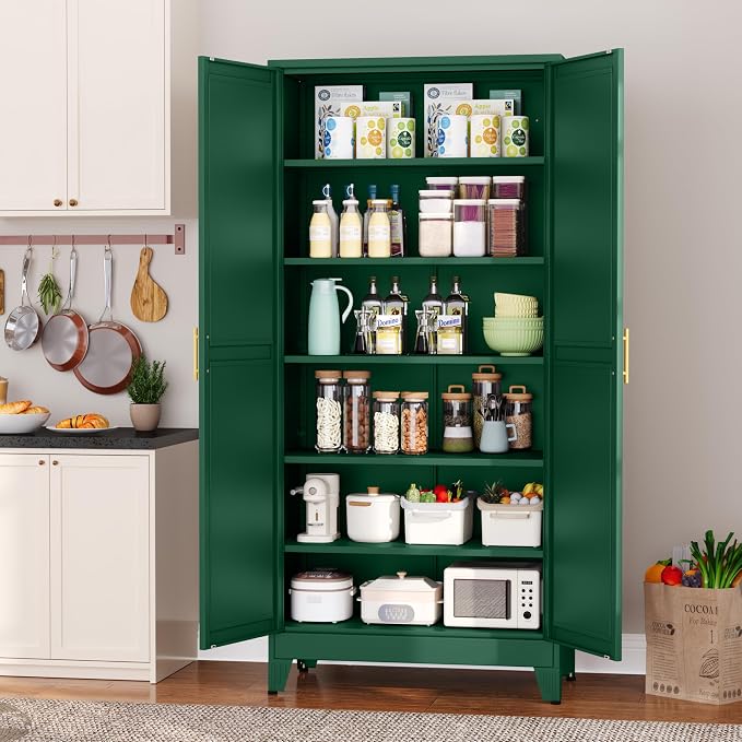 Metal Pantry Cabinet with 2 Doors and 5 Adjustable Shelves, 75"Kitchen Storage cabinets with Gold Handles, Versatile Storage for Laundry Room, Living Room, Bathroom, Dinning Room, Utility Room-Green
