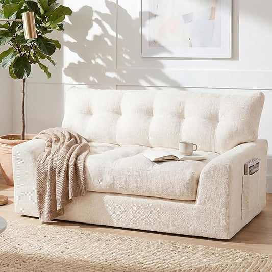 MONVANE 55.5" Convertible Loveseat Sofa, Comfy Chenille Cloud Couch with Storage Pocket, Modern Deep Seat Boneless Couch, 2 Seater Sofa for Living Room, No Assembly Required, Beige