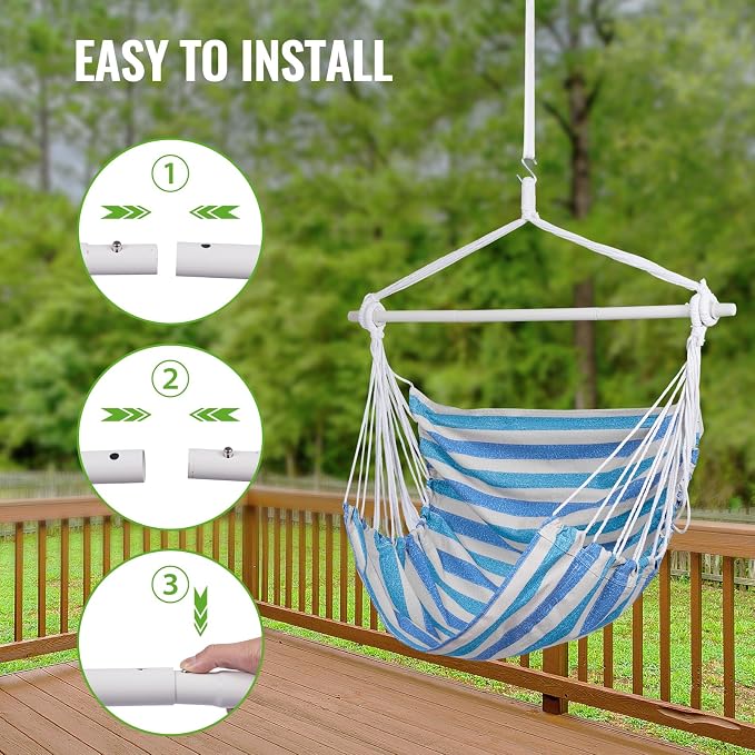 Backyard Expressions Striped Hammock Chair Hanging Rope Swing Chair, Anti Slip Steel Spreader Bar