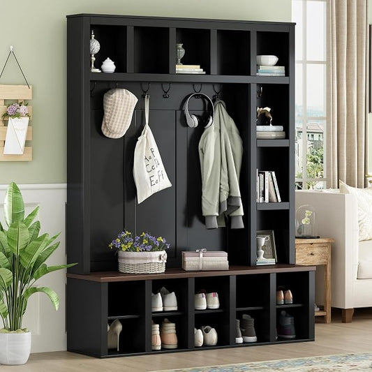 Hall Tree with Bench and Shoe Storage,Shoe and Coat Rack with Drawer and Hooks,Farmhouse Furniture for Entryway,Mudroom,Living Room,Black (Black, 59.2")