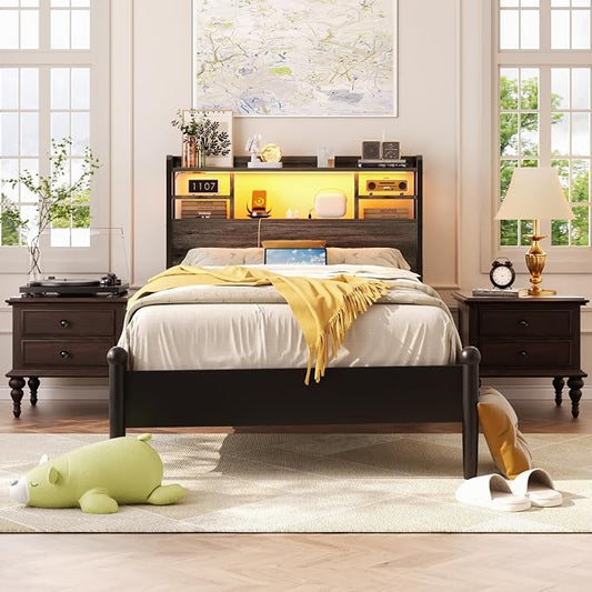 Aheaplus Headboard for Twin Size Bed with Storage, Headboards with LED Light, Power Outlets, USB Ports Twin Size Head Board, Wood headboard Only Sturdy and Stable Headboards, Modern, Black Oak