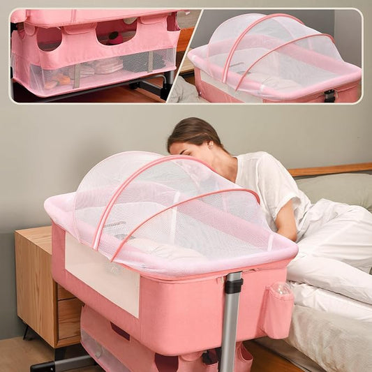 Soobaby Baby Crib,3 in 1 Bedside Crib Adjustable Portable Bed for Infant,Baby Bassinet Newborn Must Have Bed,Pink