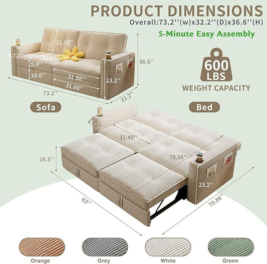 73.2'' Futon Sofa Bed Full Size, Pre-Assembled Pull Out Couch, Adjustable Backrest, Corduroy Convertible Sleeper Sofa, 2 Cup Holders, Pockets, USB, Loveseat for Living Room, Apartment, Beige | Soft Material