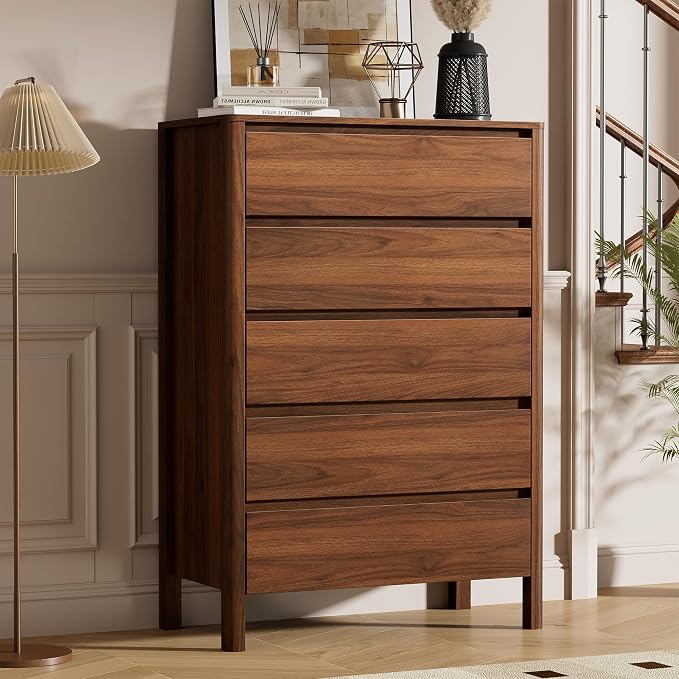 Walnut Dresser for Bedroom, 5 Drawer Dresser with Wood Legs, Tall Wood Dresser, Mid Century Modern Chest of Drawers, Large Storage Bedroom Furniture, Walnut