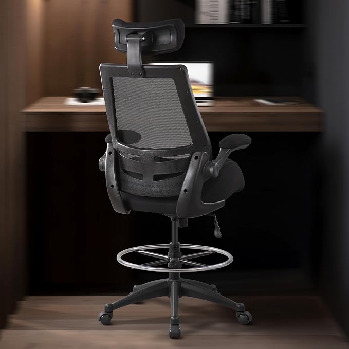 BOLISS Big and Tall Drafting Chair 400lbs - High Back Ergonomic Office Chair for Standing Desk with Double Thick Seat Cushion, Adjustable Foot Ring, Lumbar Support & Flip Up Armrests (Black)