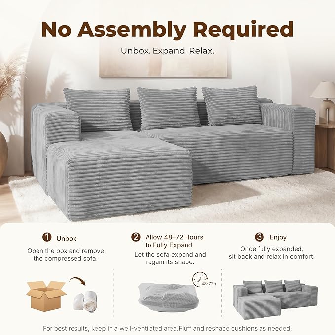 Modular Sectional L-Shaped Sofa with Deep Seat, Modern Boneless Comfy Corduroy Fluffy Couch with Side Pockets and Anti-Slip & Floor-Friendly Bottom for Living Room, No Assembly, Light Grey