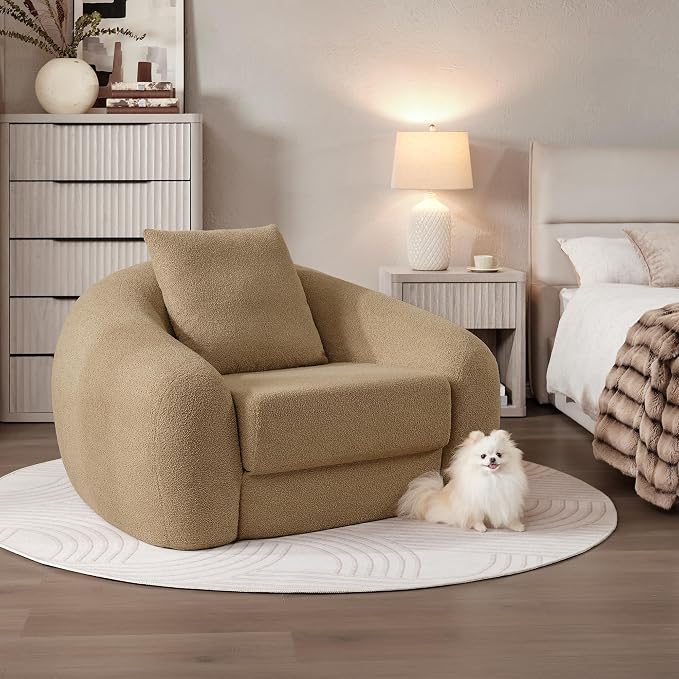 SICOTAS 49.9" Curved Convertible Sofa Couch Bed for Living Room Futon Cloud Boneless Sleeper Chair Pull Out Floor Couch with Deep Seat Single Sofa Foam Lounger No Assembly for Bedroom Apartment, Brown