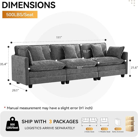 111'' Sectional Cloud Deep Seat Couch, Modern Comfy Chenille Modular Sectional Sofa for Living Room Set, Upholstered Modular 3-Seats Sofa Couch, Grey