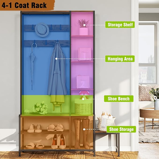Espelism Hall Tree with Shoe Storage Bench Coat Rack with 7 Hooks Interchangeable 4 Tier Side Storage Shelves Small Cute Side Bench Industrial 5-in-1 Entryway Coat Rack for Hallway Mudroom Bedroom