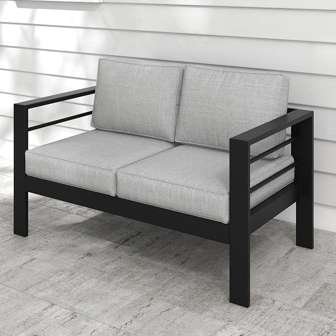 Kiss the Water 3 Seats Aluminum Outdoor Patio Sofa Set, All Weather Rust-Proof Metal Patio Couch, Modern Outdoor Furniture for Backyard Porch Garden, 5" Thick Waterproof Olefin Cushions, Light Grey