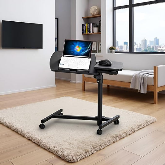 TV Tray Bed Side Table, Portable Rolling Desk Hospital Bed Laptop Table, Small Standing Desk with Wheels Adjustable Height for Sofa, Bedside, Tablet Use, Secure Non Tilt, 23.2" W, Black