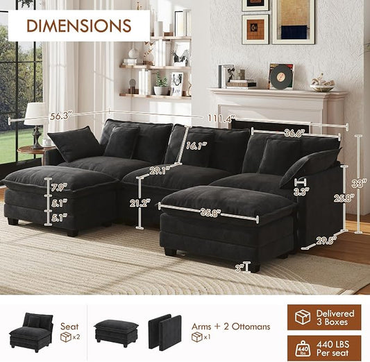 WorthFurni 111.4” Modular Sectional Sofa, U Shape Cloud Couch with 2 Movable Ottoman, Comfy Chenille Deep Seat Sofa with Soft Pillows for Living Room Apartment (Black)