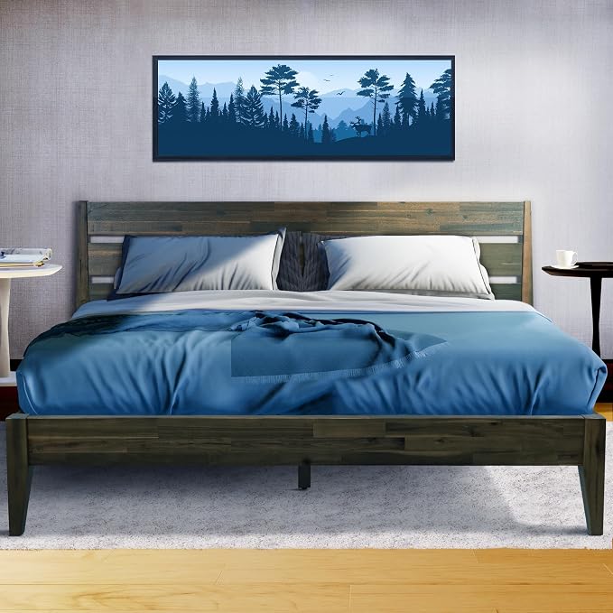 Acacia Emery Bed Frame with Headboard Solid Wood Platform Bed, King Size Bed Frame, Mid - Century Modern Wood Bed Compatible with All Mattresses, Easy Assembly, Non-Slip (Mocha, King)