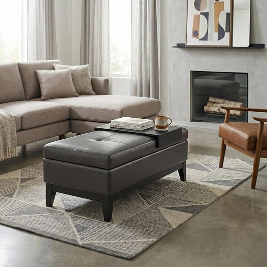 SIMPLIHOME Oregon Storage Ottoman Bench with Tray - 42 inch Wide Upholstered Vegan Leather Rectangle Ottoman Bench in Tanners Brown, Transitional Tufted Ottoman for Living Room with Lift-Up Lid