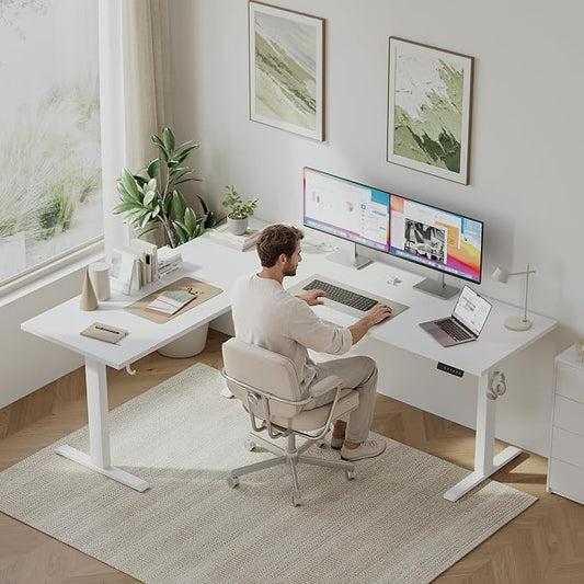 Klicelor L Shaped Standing Desk 63 x 55.1 Inch Dual Motors, Electric Height Adjustable Corner Desk for Home Office Workstation, Ergonomic Sit Stand Computer Table with Memory Controller, White